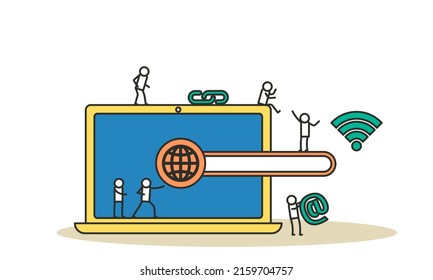 Ilustración vectorial concepto ww con portátil y personas. Un hombre sostiene un enlace al sitio y una mujer recoge el símbolo en