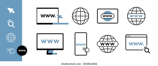 Juego de iconos de línea plana WWW con ordenador, teléfono, portátil y mesa. Barra de búsqueda del navegador de Internet con el botón de flecha del ratón y el globo. Tecnología de alojamiento web. Ilustración vectorial.