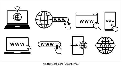 WWW flat line icon set with computer, phone, laptop and tablet. Internet browser search bar with globe and mouse arrow click. Web hosting technology. Vector illustration.