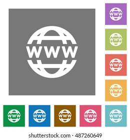 WWW globe flat icon set on color square background.