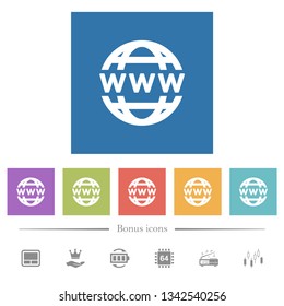 WWW globe flat white icons in square backgrounds. 6 bonus icons included.