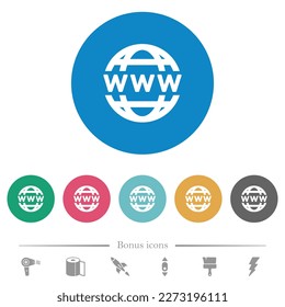 WWW-Globus-weiße Symbole auf runden Farbhintergründen. 6 Bonussymbole sind im Lieferumfang enthalten.