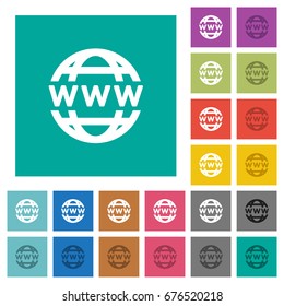 WWW globe multi colored flat icons on plain square backgrounds. Included white and darker icon variations for hover or active effects.