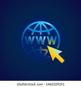 www icon (globe with cursor and domain inside) on dark background - vector shiny element