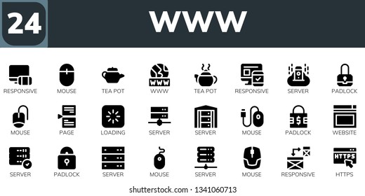 www icon set. 24 filled www icons.  Simple modern icons about  - Responsive, Mouse, Tea pot, Www, Server, Padlock, Page, Loading, Website, Https