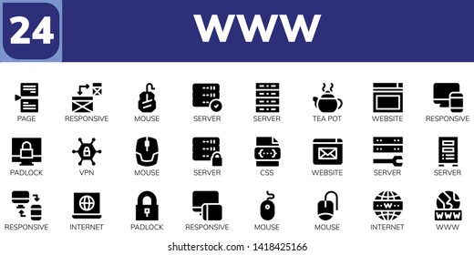 www icon set. 24 filled www icons.  Collection Of - Page, Responsive, Mouse, Server, Tea pot, Website, Padlock, Vpn, Css, Internet, Www