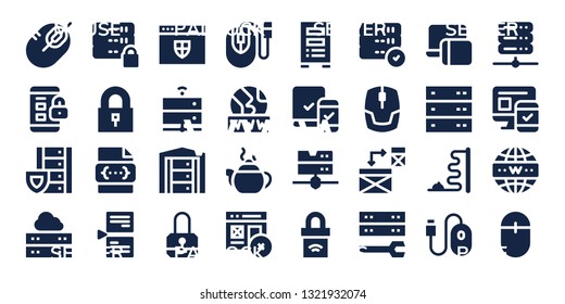 www icon set. 32 filled www icons. on blue background style Simple modern icons about  - Mouse, Padlock, Server, Css, Page, Website, Www, Tea pot, Web, Responsive, Internet