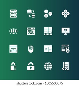 www icon set. Collection of 16 filled www icons included Server, Internet, Padlock, Homepage, Browser, Computer mouse, Website, Url, Buttons, Responsive