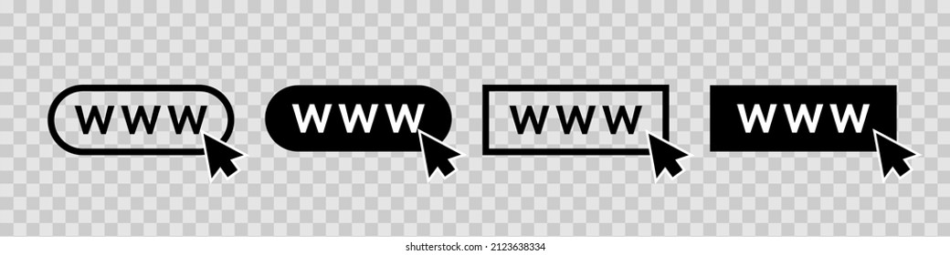 www-Symbol. www Web-Symbol. Website url. Internetseite und klicken Sie mit dem Cursor. Webpage-Schaltfläche umreißen. Suchlogos einzeln auf transparentem Hintergrund. Vektorgrafik.