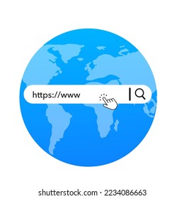 Www icon. website icon. Www icon with hand cursor on planet background. Search bar for user interface and website. Search address icon. Search form template for websites. Vector illustration
