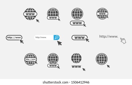 Www icons collection. Web site icons. Www icons with hand cursor in flat design. Www vector icons. Eps10