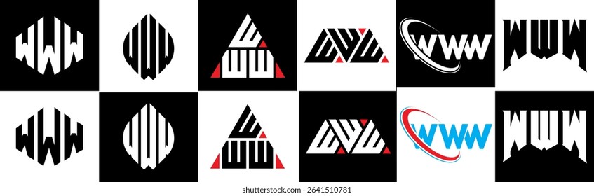 WWW letter logo design in six style. WWW polygon, circle, triangle, hexagon, flat and simple style with black and white color variation letter logo set in one artboard. WWW minimalist and classic logo