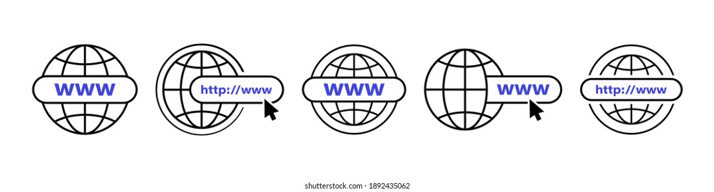 Juego de iconos de línea WWW. Barra de búsqueda del navegador de Internet con el botón de flecha del ratón y el globo. Tecnología de alojamiento web. Ilustración vectorial.