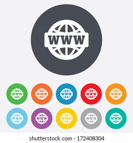 WWW Sign Icon. World Wide Web Symbol. Globe. Round Colourful 11 Buttons. Vector