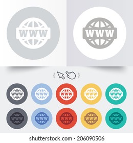 WWW sign icon. World wide web symbol. Globe. Round 12 circle buttons. Shadow. Hand cursor pointer. Vector