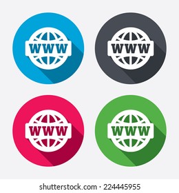 WWW sign icon. World wide web symbol. Globe. Circle buttons with long shadow. 4 icons set. Vector