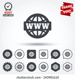 WWW sign icon. World wide web symbol. Globe. Circle, star, speech bubble and square buttons. Award medal with check mark. Thank you. Vector