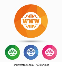 WWW sign icon. World wide web symbol. Globe. Triangular low poly button with flat icon. Vector