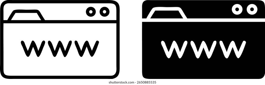 WWW Tab Browser Icon Set – Ventana de Internet de Vector blanco y negro con símbolo de Dirección de Web
