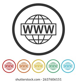 WWW Website icon. Set icons in color circle buttons