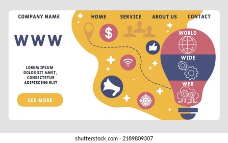 WWW - World Wide Web Akronym. Hintergrund des Unternehmenskonzepts. Vektorgrafik-Konzept mit Schlagwörtern und Symbolen. Buchstabengrafik mit Symbolen für Web-Banner, Flyer, Landing-Page