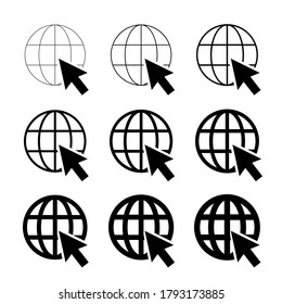 Símbolo del sitio web de WWW para todo el mundo, icono de colección de Internet, globo de dirección del sitio web, signo de contorno plano