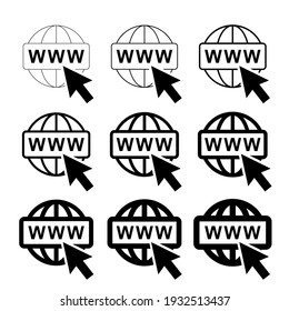 Símbolo del sitio web de WWW para todo el mundo, icono de colección de Internet, globo de dirección del sitio web, signo de contorno plano