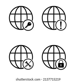 WWW world wide web set site symbol, Internet collection  icon, website address globe, flat outline sign .