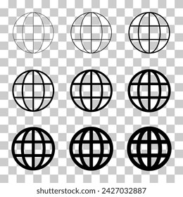 WWW World Wide Web conjunto de símbolo del sitio, icono de la colección de Internet, globo de dirección del sitio web, símbolo de contorno plano .