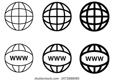 WWW world wide web set site symbol, Internet collection icon, website address globe, flat outline sign . vector illustration . eps 10