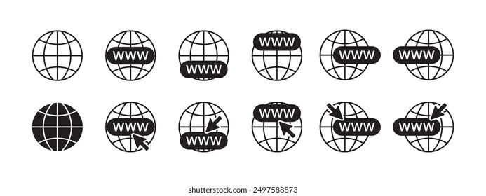 WWW Worldwide Website Icon Set: WWW Icons, Internet Search Bar, Cursor Symbols, and Web Navigation Symbols. Vector.