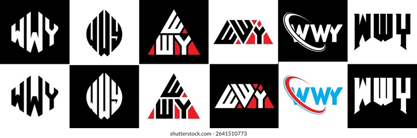 WWY letter logo design in six style. WWY polygon, circle, triangle, hexagon, flat and simple style with black and white color variation letter logo set in one artboard. WWY minimalist and classic logo