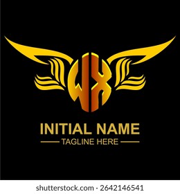 WX Golden Wing Emblem Logo with elegant gold wings, sleek and modern design. Ideal for branding, creative projects, luxury businesses, or artistic ventures.
