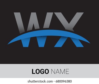 WX initial logo company name colored grey and blue swoosh design.