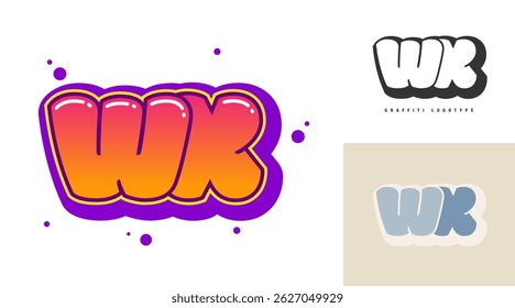 WX logo design for festival or party. Initial letter w and x in graffiti style. Creative modern lettering company name of font typography. Kids trendy logotype or identity. Vector illustration.