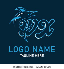 WX shark logo design vector. Cartoon shark mascot on navy background. 
Shark esport mascot logo design. Editable letter shark logo design for company