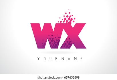 WX W X Letter Logo with Pink Letters and Purple Color Particles Dots Design.