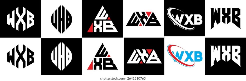 WXB letter logo design in six style. WXB polygon, circle, triangle, hexagon, flat and simple style with black and white color variation letter logo set in one artboard. WXB minimalist and classic logo