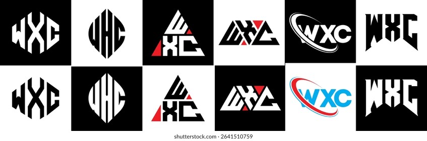 WXC letter logo design in six style. WXC polygon, circle, triangle, hexagon, flat and simple style with black and white color variation letter logo set in one artboard. WXC minimalist and classic logo