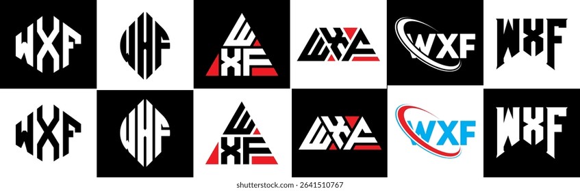 WXF letter logo design in six style. WXF polygon, circle, triangle, hexagon, flat and simple style with black and white color variation letter logo set in one artboard. WXF minimalist and classic logo