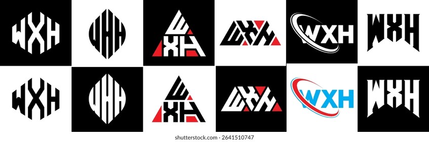 WXH letter logo design in six style. WXH polygon, circle, triangle, hexagon, flat and simple style with black and white color variation letter logo set in one artboard. WXH minimalist and classic logo