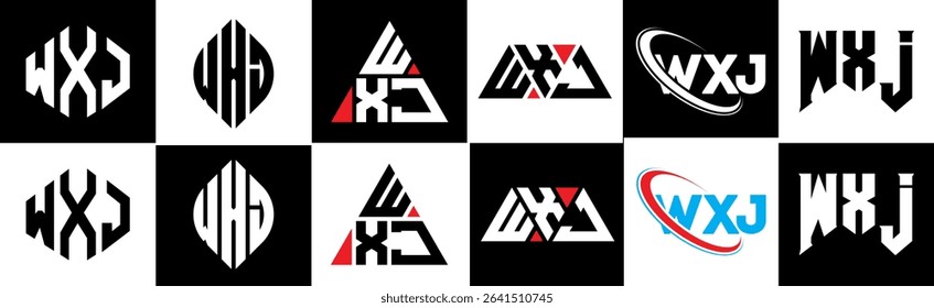 WXJ letter logo design in six style. WXJ polygon, circle, triangle, hexagon, flat and simple style with black and white color variation letter logo set in one artboard. WXJ minimalist and classic logo