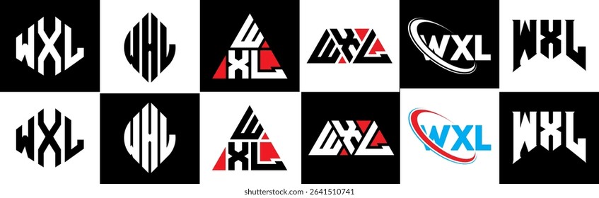 WXL letter logo design in six style. WXL polygon, circle, triangle, hexagon, flat and simple style with black and white color variation letter logo set in one artboard. WXL minimalist and classic logo