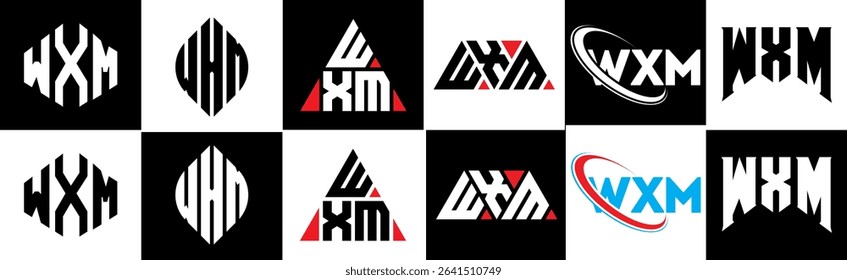 WXM letter logo design in six style. WXM polygon, circle, triangle, hexagon, flat and simple style with black and white color variation letter logo set in one artboard. WXM minimalist and classic logo