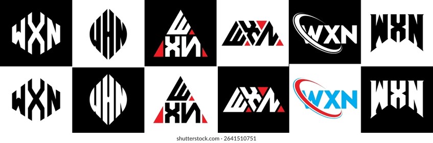 WXN letter logo design in six style. WXN polygon, circle, triangle, hexagon, flat and simple style with black and white color variation letter logo set in one artboard. WXN minimalist and classic logo