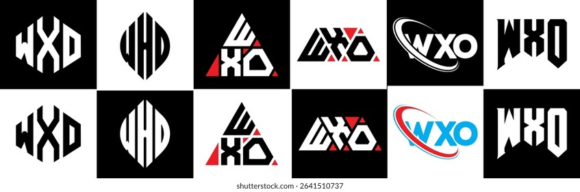WXO letter logo design in six style. WXO polygon, circle, triangle, hexagon, flat and simple style with black and white color variation letter logo set in one artboard. WXO minimalist and classic logo