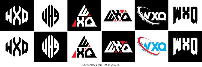 WXQ letter logo design in six style. WXQ polygon, circle, triangle, hexagon, flat and simple style with black and white color variation letter logo set in one artboard. WXQ minimalist and classic logo