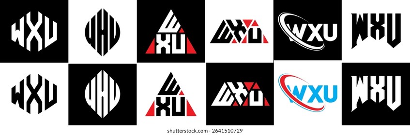 WXU letter logo design in six style. WXU polygon, circle, triangle, hexagon, flat and simple style with black and white color variation letter logo set in one artboard. WXU minimalist and classic logo
