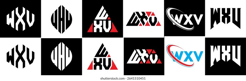 WXV letter logo design in six style. WXV polygon, circle, triangle, hexagon, flat and simple style with black and white color variation letter logo set in one artboard. WXV minimalist and classic logo