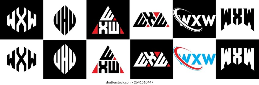 WXW letter logo design in six style. WXW polygon, circle, triangle, hexagon, flat and simple style with black and white color variation letter logo set in one artboard. WXW minimalist and classic logo